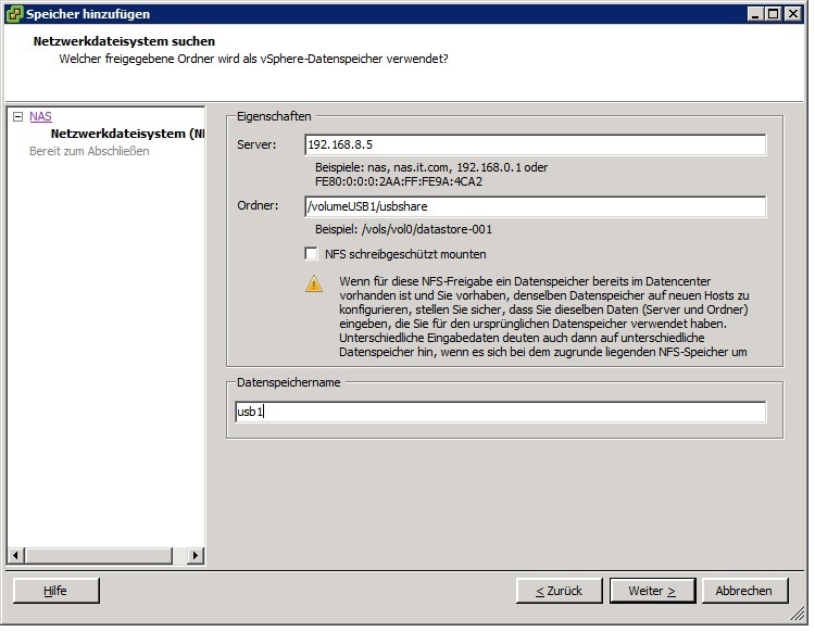 Mounten eines Synology NFS Shares auf ESX Server: NFS Datenspeicher unter VMware hinzufügen